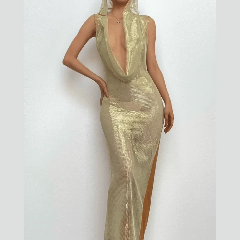 Hoodie cowl neck mesh see through backless maxi dress Hoodie with Mock Neck Collared Structured