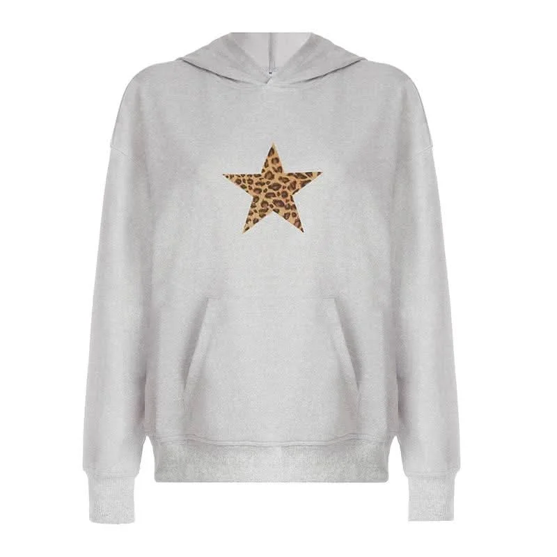 Hoodie long sleeve five-pointed star leopard print top Hoodie with Tied Waist Feminine Flattering Hoodie long sleeve five-pointed star leopard print top Hoodie with Tied Waist Feminine Flattering
