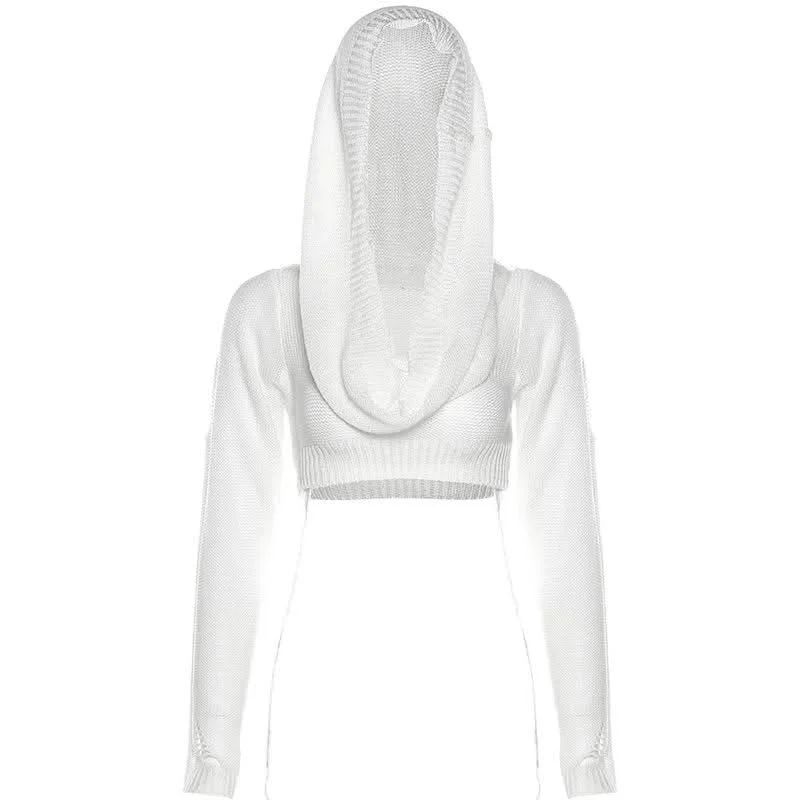 Hoodie long sleeve knitted crop top Hoodie with Hem Embroidery Detailed Premium