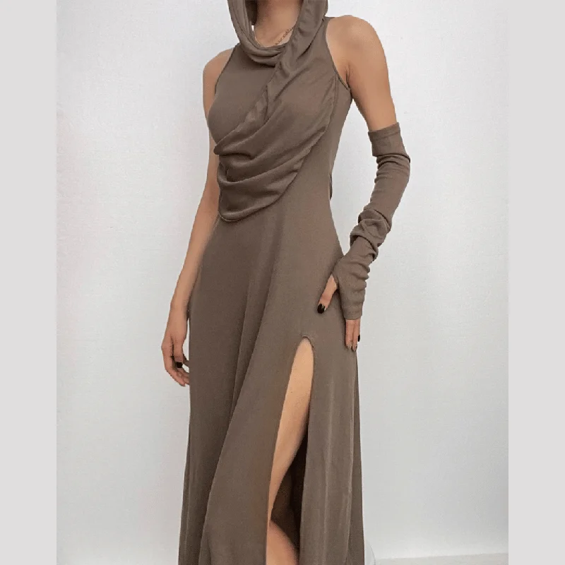 Hoodie ruched gloves irregular sleeveless slit maxi dress Hoodie with Camouflage Military Edgy