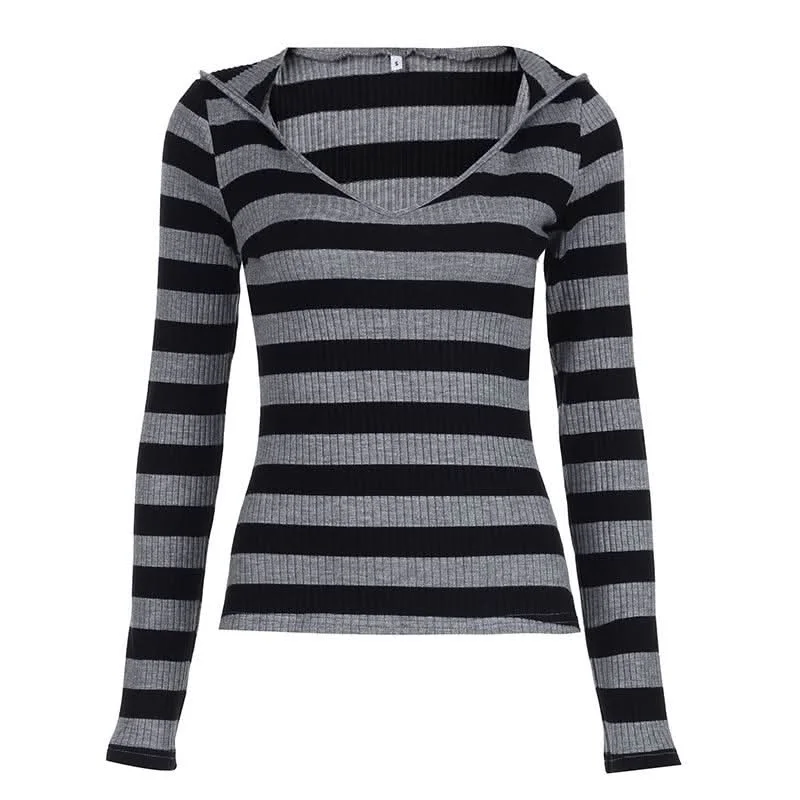 Hoodie v neck long sleeve striped knitted top Hoodie with Side Slits Relaxed Casual
