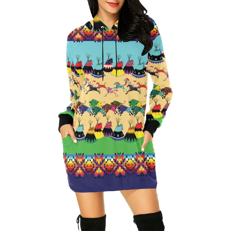 Horses and Buffalo Ledger Blue Hoodie Dress Hoodie with Distressed Vintage Worn