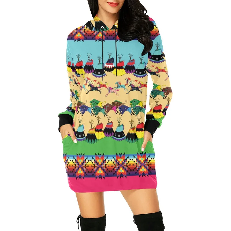 Horses and Buffalo Ledger Pink Hoodie Dress Hoodie with Batwing Sleeves Loose Dramatic