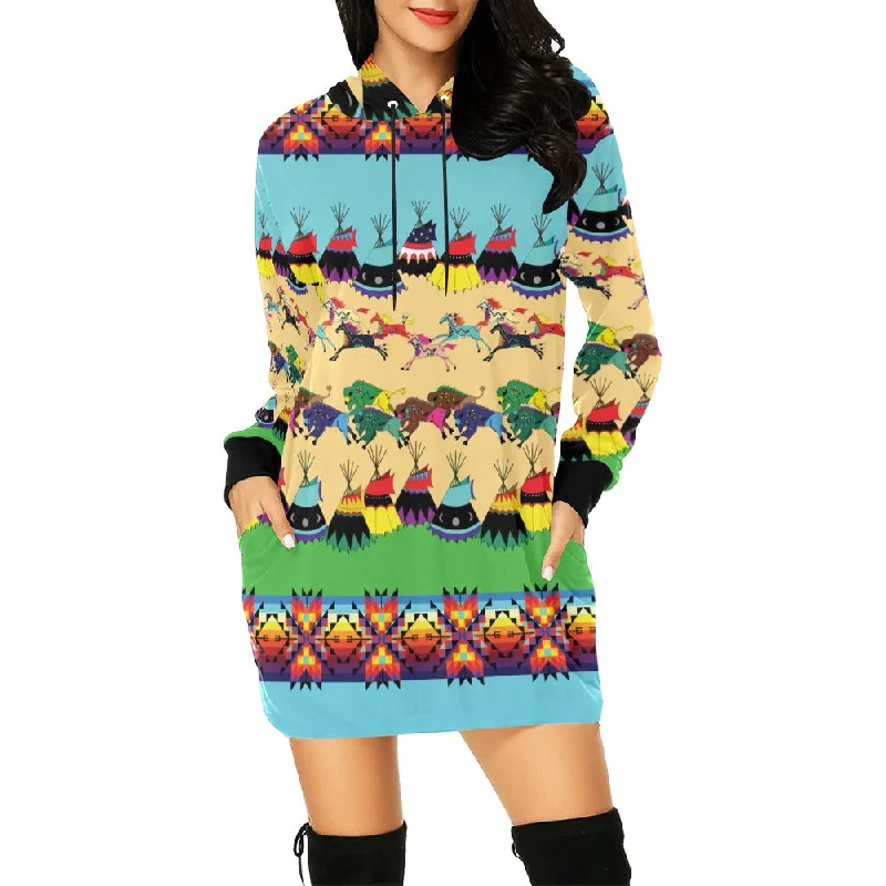 Horses and Buffalo Ledger Torquoise Hoodie Dress Hoodie with Elastic Cuffs Stretchable Comfortable