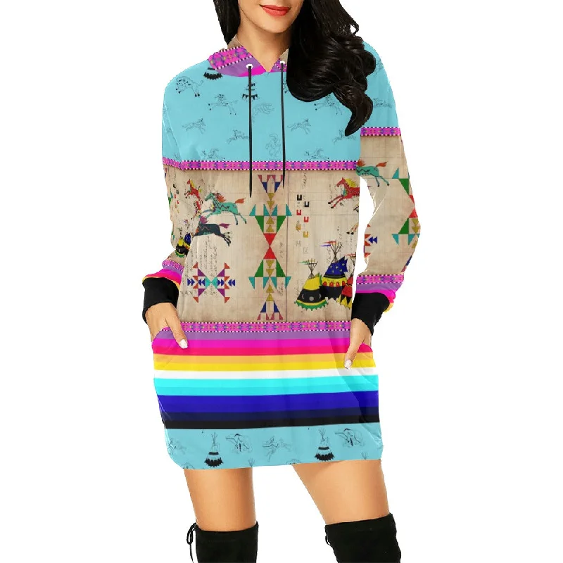 Horses Running Sky Hoodie Dress Hoodie with Hem Fringe Bohemian Relaxed