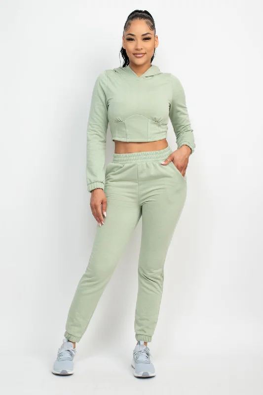 Hooded Corset Top & Pants Set Hoodie with Slit Hem Functional Movement