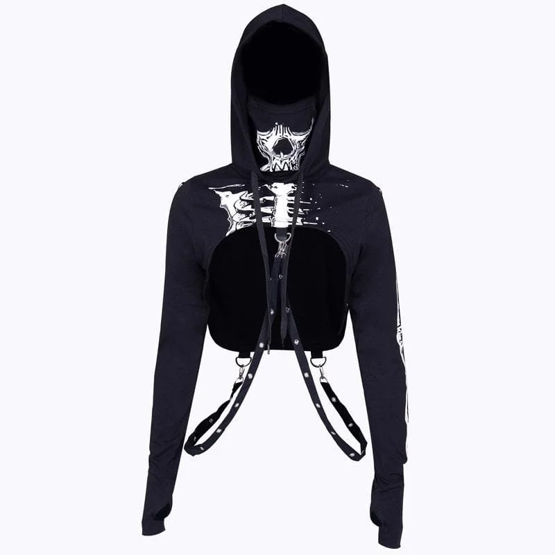 Long sleeve hoodie skeleton print buckle gloves contrast shrug top Hoodie with Bell Sleeves Flared Feminine