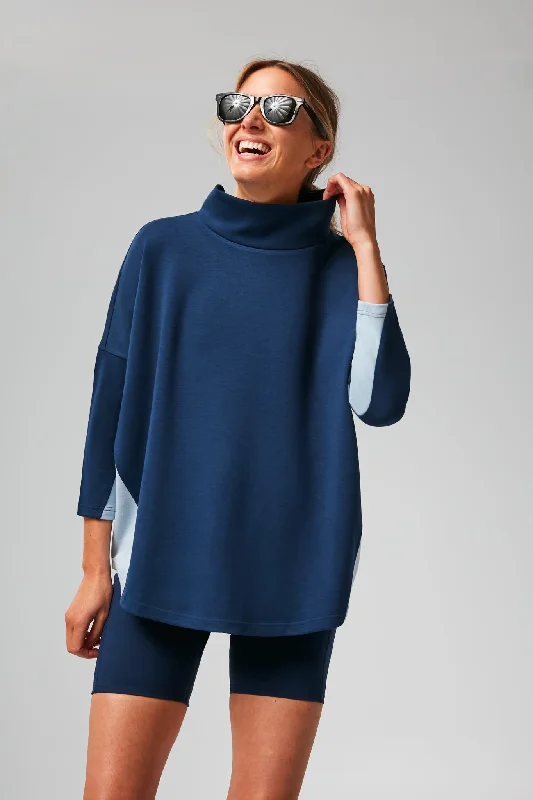 Navy and Breezy Blue Ally Swing Sweatshirt Hoodie with Raw Hem Edgy Unfinished