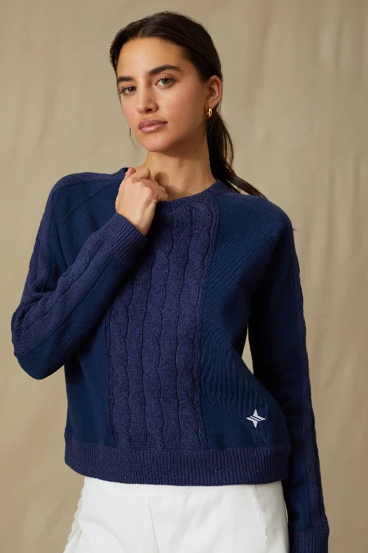 Navy Cable Knit Reid Sweatshirt Hoodie with Ribbed Neckline Snug Warm