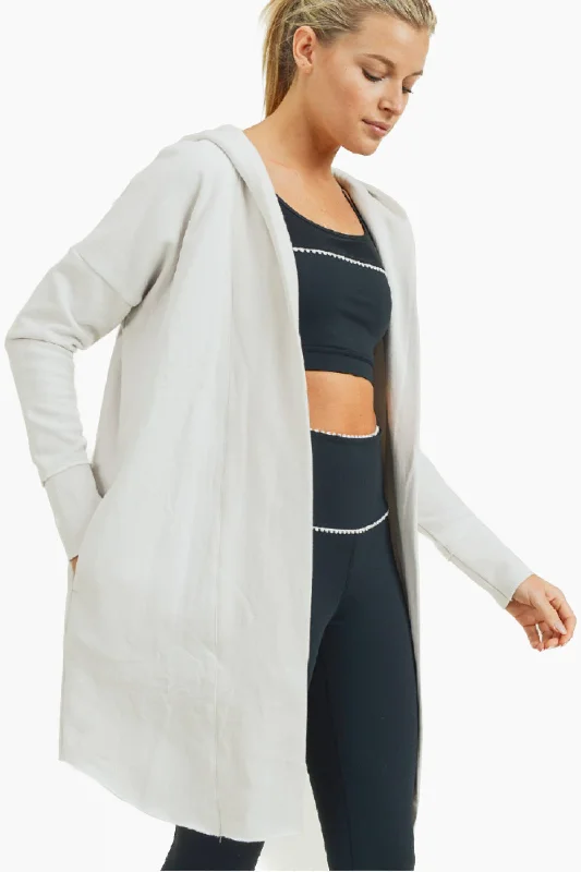 Open Front Longline Hoodie Cardigan: Natural Hoodie with Crew Neck Simple Timeless