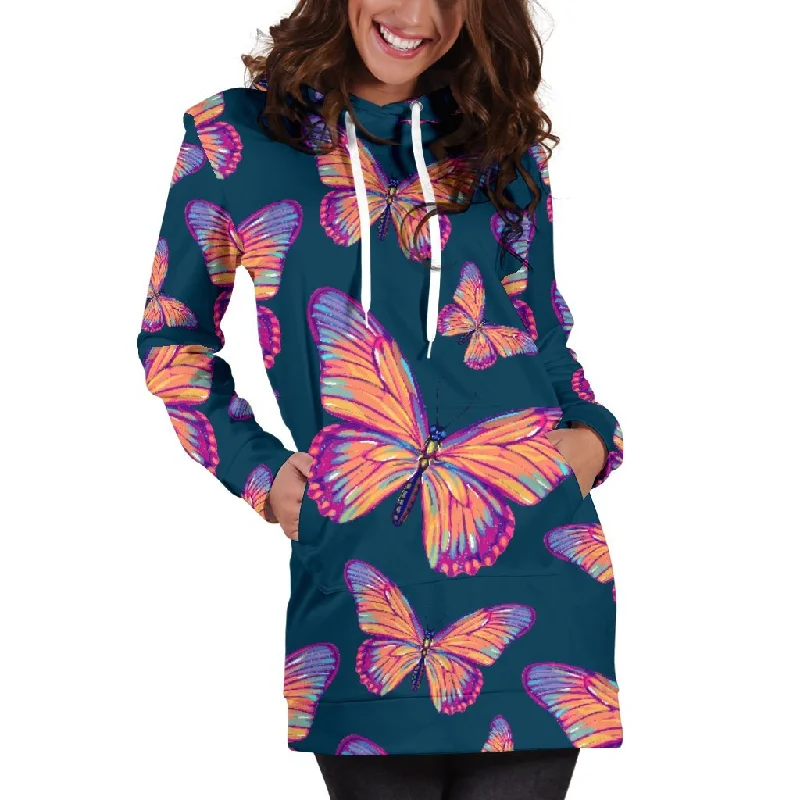 Orange And Purple Butterfly Print Pullover Hoodie Dress Hoodie with Stripes Bold Sporty