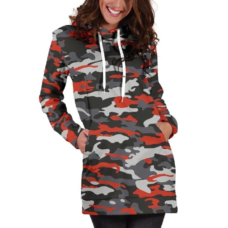 Orange Black And Grey Camouflage Print Pullover Hoodie Dress Hoodie with Lining Warm Insulated