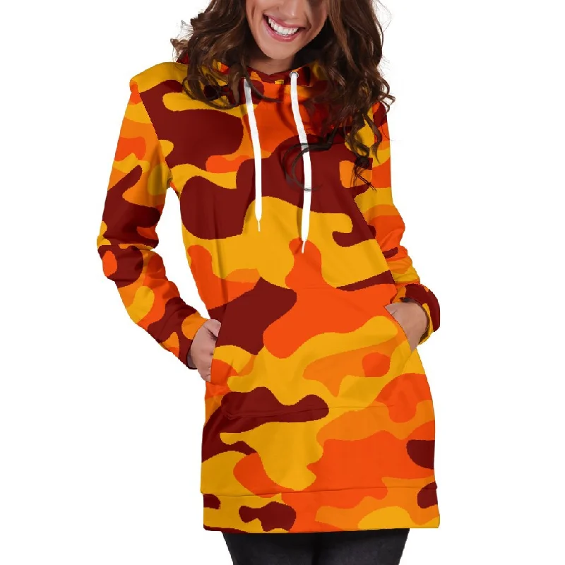 Orange Camouflage Print Pullover Hoodie Dress Hoodie with Zipper Versatile Modern