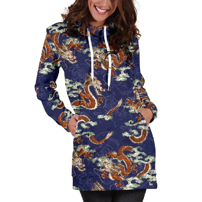 Orange Japanese Dragon Pattern Print Pullover Hoodie Dress Hoodie with Patch Decorative Personalized