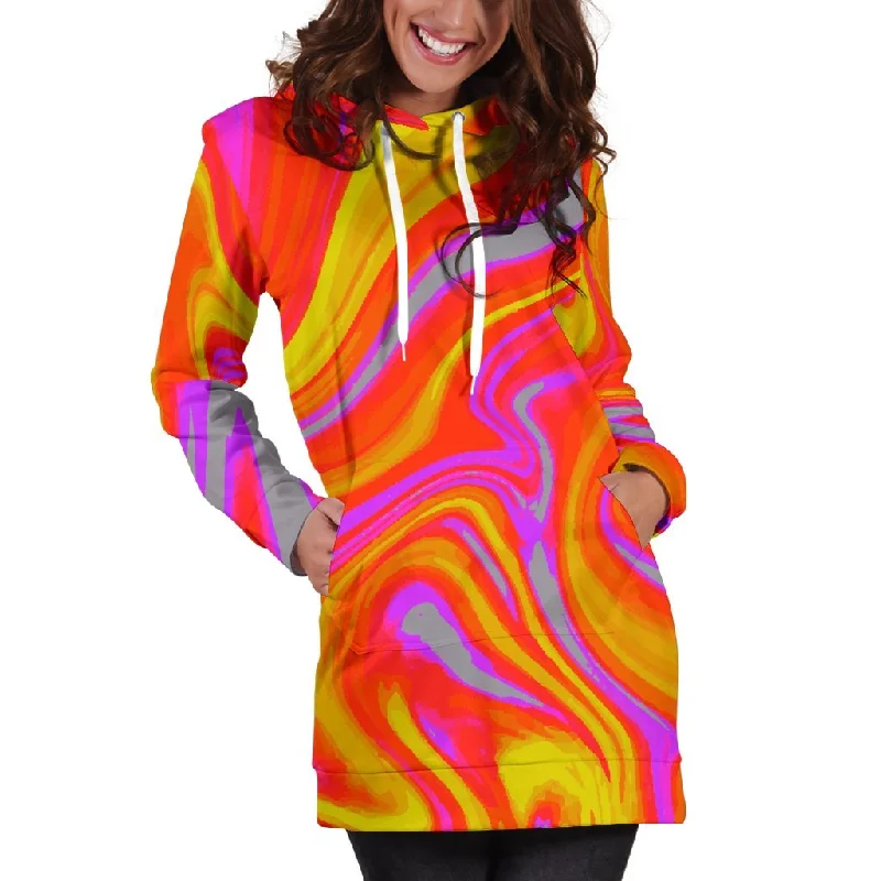 Orange Psychedelic Liquid Trippy Print Pullover Hoodie Dress Hoodie with Strings Custom Fit Adjustable