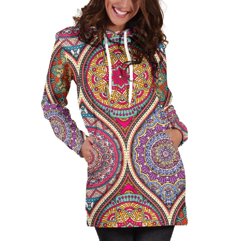Oval Bohemian Mandala Patchwork Print Pullover Hoodie Dress Hoodie with Hem Drawcord Adjustable Customizable