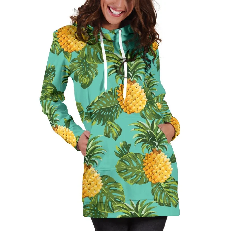 Palm Leaf Pineapple Pattern Print Pullover Hoodie Dress Hoodie with Front Slit Layering Stylish