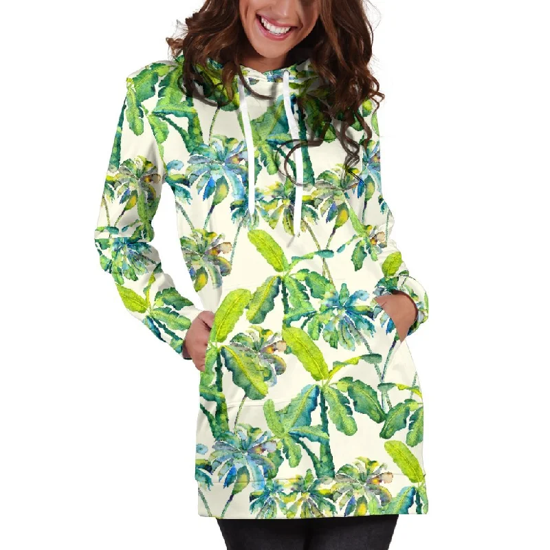 Palm Tree Banana Pattern Print Pullover Hoodie Dress Hoodie with Tied Waist Feminine Flattering