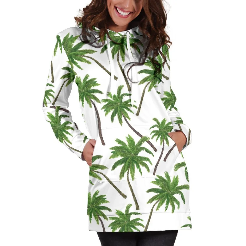 Palm Tree Pattern Print Pullover Hoodie Dress Hoodie with Drawstring Waist Adjustable Fitted