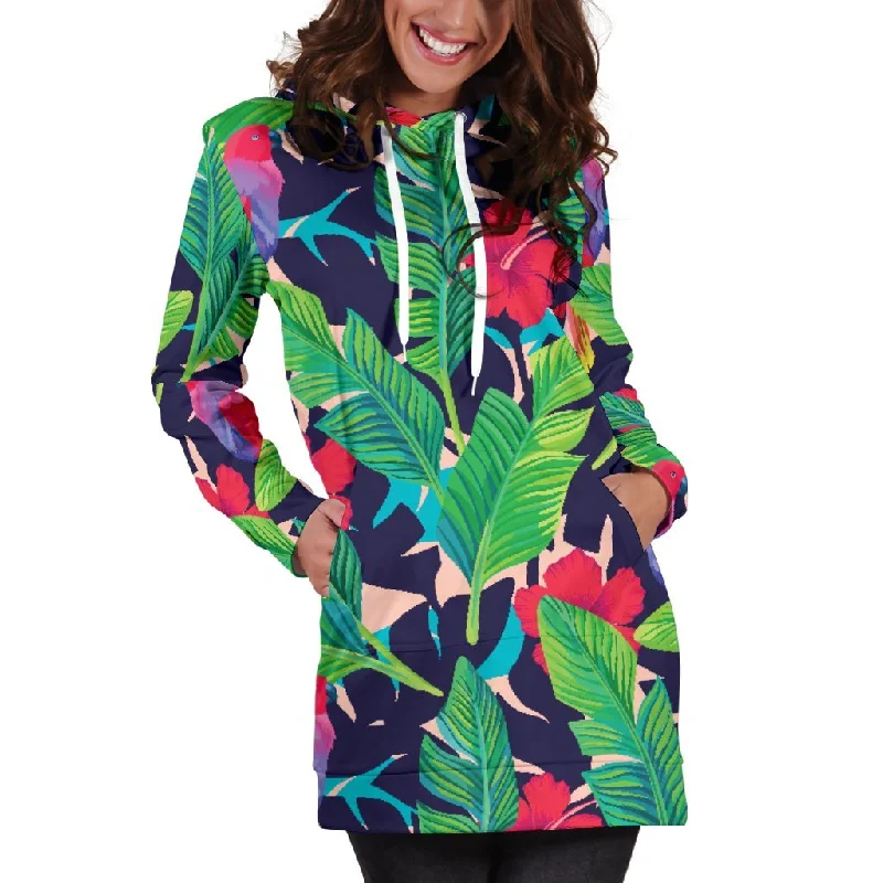 Parrot Banana Leaf Hawaii Pattern Print Pullover Hoodie Dress Hoodie with Turtle Neck Cozy Winter