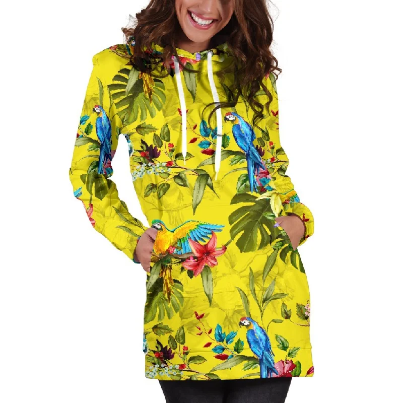 Parrot Tropical Pattern Print Pullover Hoodie Dress Hoodie with Set-In Sleeves Structured Classic