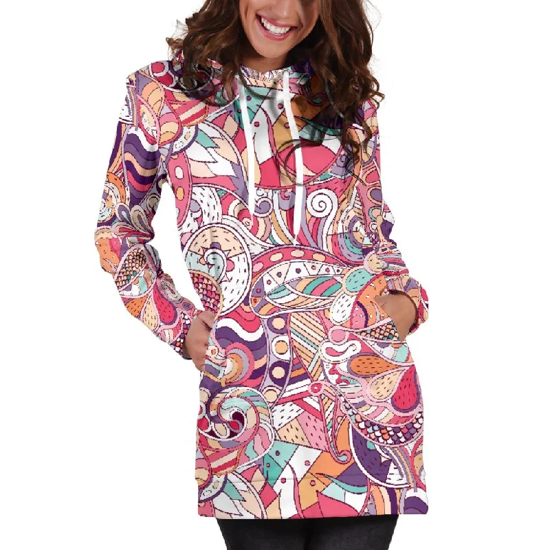 Pastel Bohemian Floral Pattern Print Pullover Hoodie Dress Hoodie with Slim Fit Tailored Modern