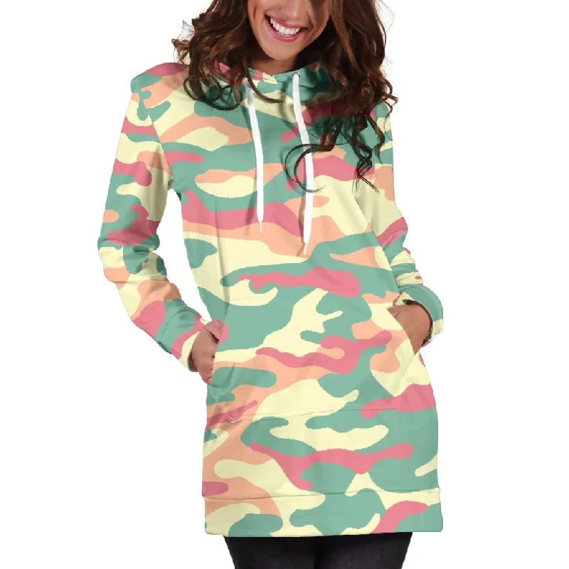Pastel Camouflage Print Pullover Hoodie Dress Hoodie with Distressed Vintage Worn