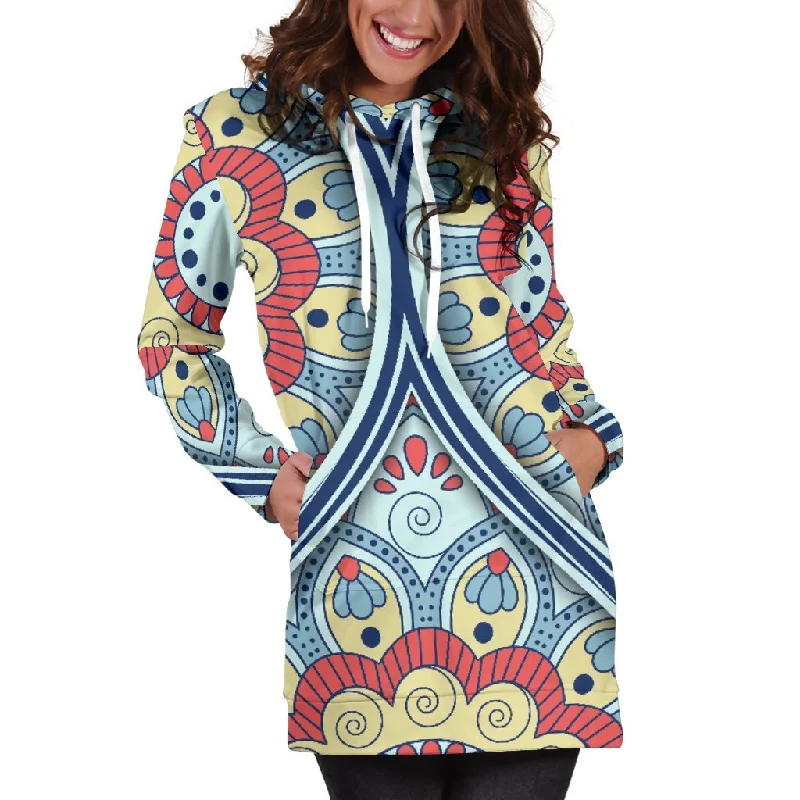 Pastel Ornament Mandala Print Pullover Hoodie Dress Hoodie with Mesh Breathable Sporty
