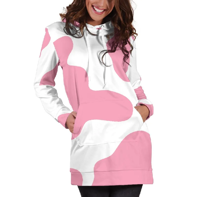 Pastel Pink And White Cow Print Pullover Hoodie Dress Hoodie with Sequins Glamorous Eye-catching