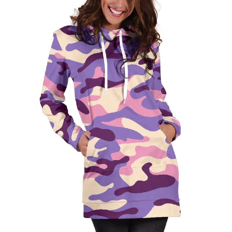 Pastel Purple Camouflage Print Pullover Hoodie Dress Hoodie with Lining Warm Insulated