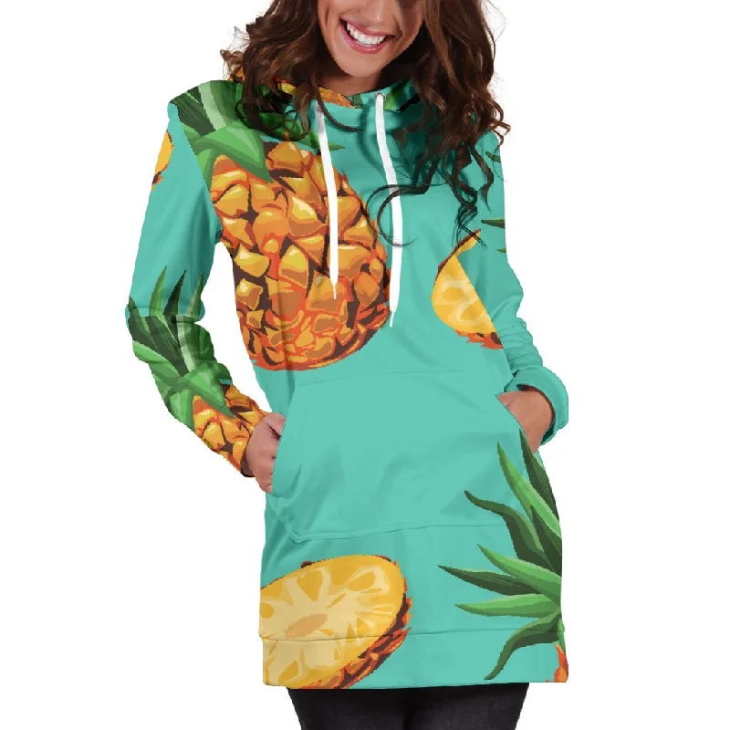 Pastel Turquoise Pineapple Pattern Print Pullover Hoodie Dress Hoodie with Ribbed Cuffs Snug Fit Comfort