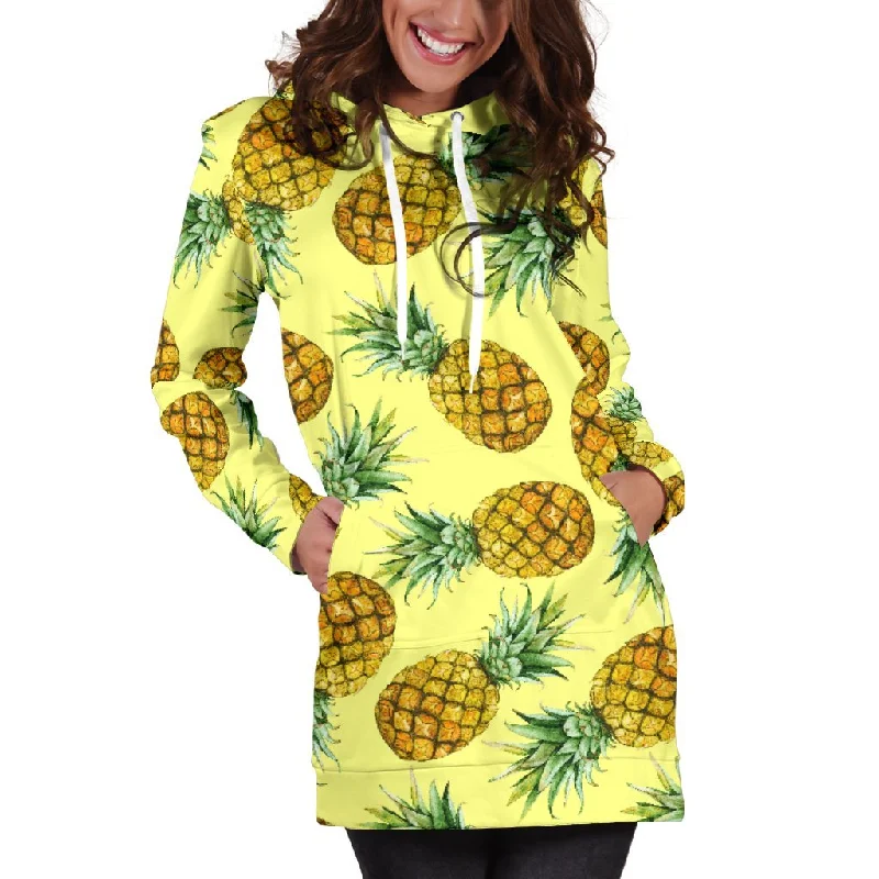 Pastel Yellow Pineapple Pattern Print Pullover Hoodie Dress Hoodie with Print Artistic Unique