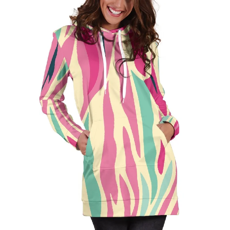 Pastel Zebra Pattern Print Pullover Hoodie Dress Hoodie Dress Longline Feminine
