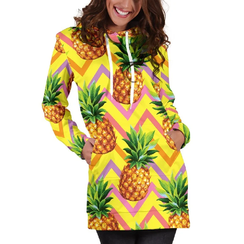 Pastel Zig Zag Pineapple Pattern Print Pullover Hoodie Dress Cotton Hoodie Fleece Lining Warmth