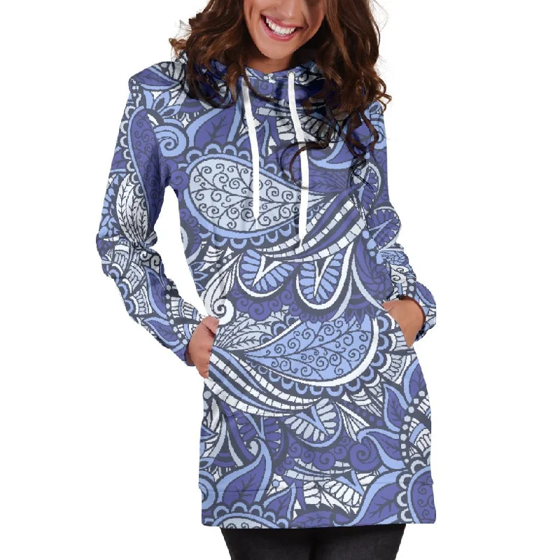 Pigeon Floral Bohemian Pattern Print Pullover Hoodie Dress Hoodie with Hem Raw Edge Edgy Unfinished