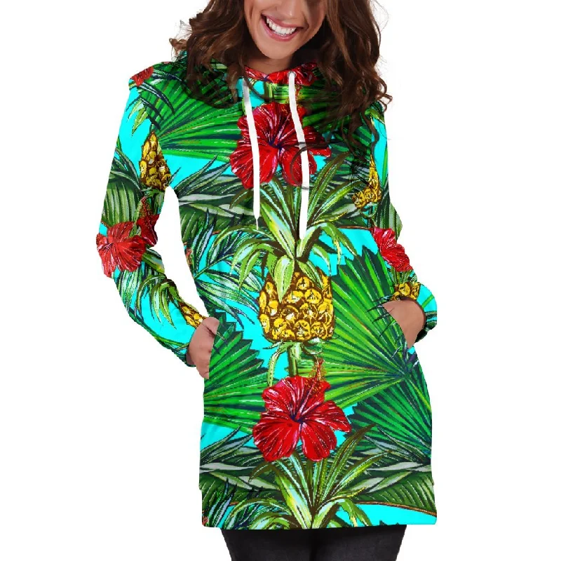 Pineapple Hibiscus Hawaii Pattern Print Pullover Hoodie Dress Hoodie with Hem Patch Decorative Personalized