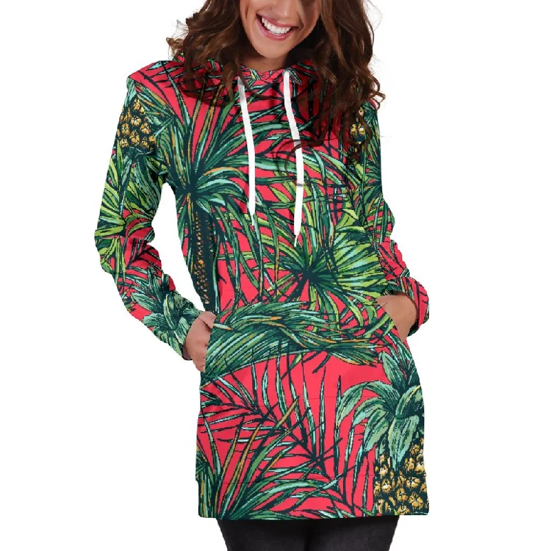 Pineapple Leaves Hawaii Pattern Print Pullover Hoodie Dress Hoodie with Hem Embroidery Detailed Premium