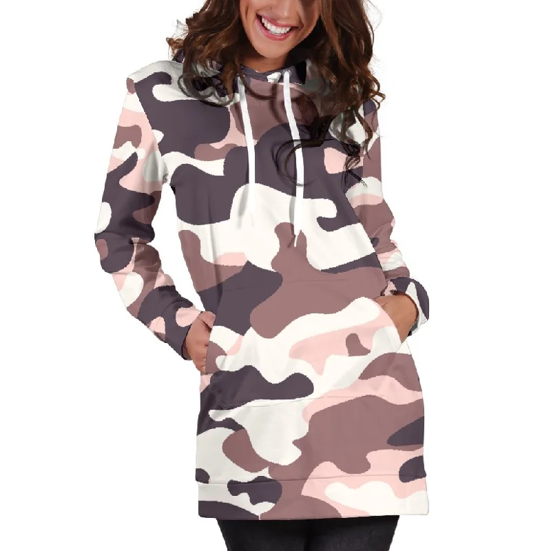 Pink Brown Camouflage Print Pullover Hoodie Dress Hoodie with Hem Fringe Bohemian Relaxed