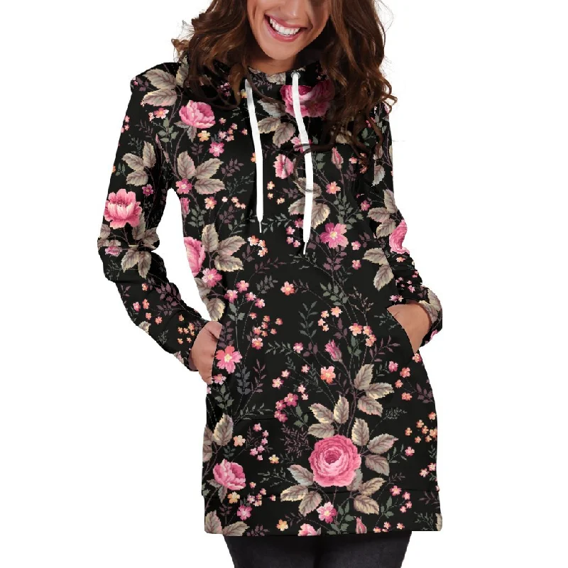 Pink Floral Flower Pattern Print Pullover Hoodie Dress Hoodie with Hem Detail Decorative Unique