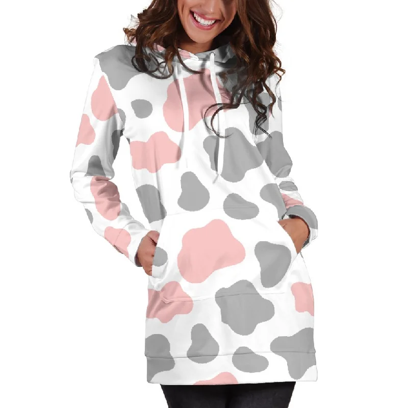Pink Grey And White Cow Print Pullover Hoodie Dress Hoodie with Front Slit Layering Stylish