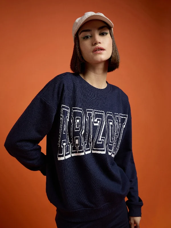 Women Navy Blue Terry ARIZONA Sweatshirt Hoodie with Crew Neck Simple Timeless