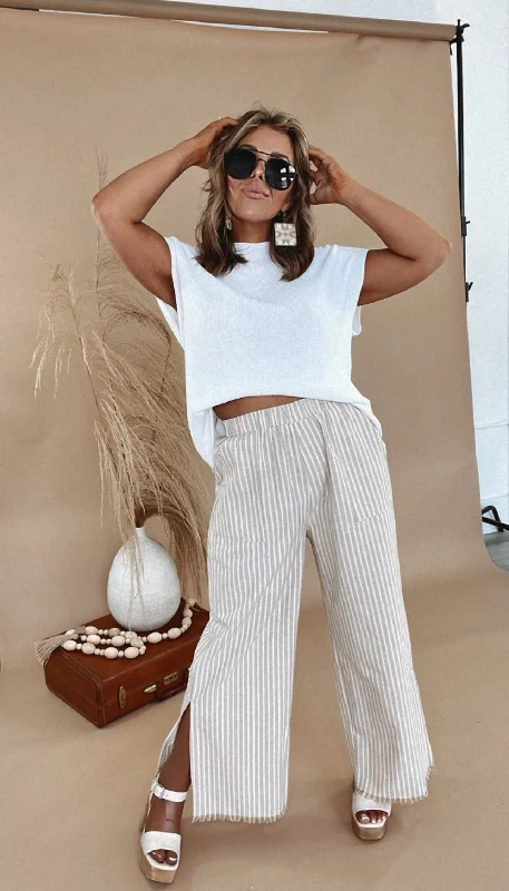 Striped Linen Pants, Taupe Slim Fit Casual Pants