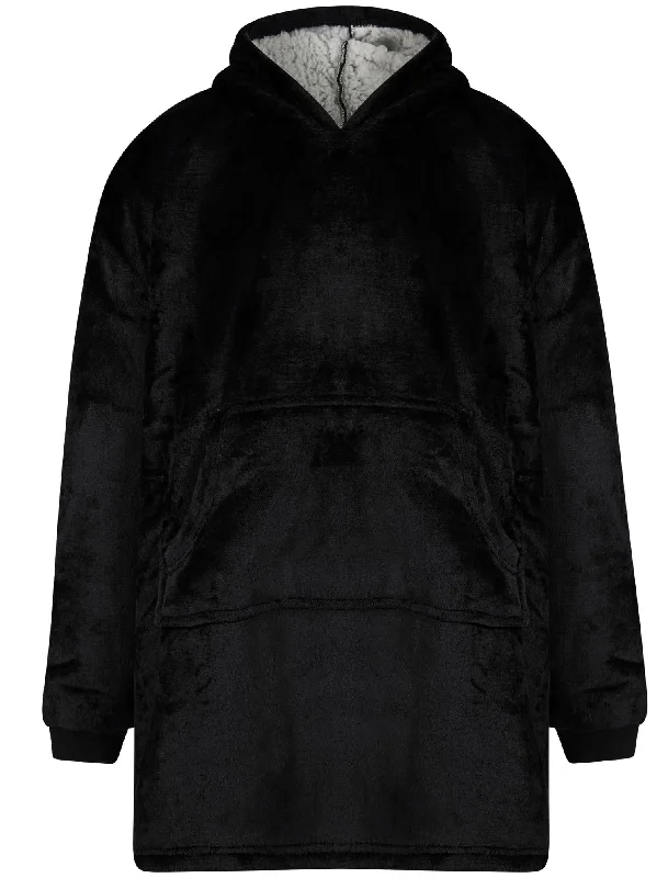Adult Snuggle Soft Fleece Borg Lined Oversized Hooded Blanket with Pocket in Jet Black  - Tokyo Laundry Hoodie with Button Classic Timeless