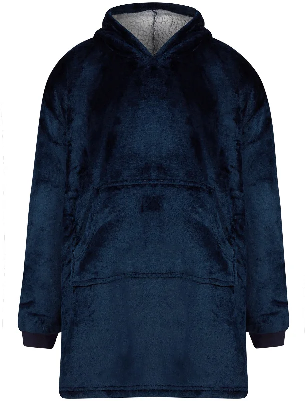 Adult Snuggle Soft Fleece Borg Lined Oversized Hooded Blanket with Pocket in Navy  - Tokyo Laundry Hoodie with Fur Luxurious Winter