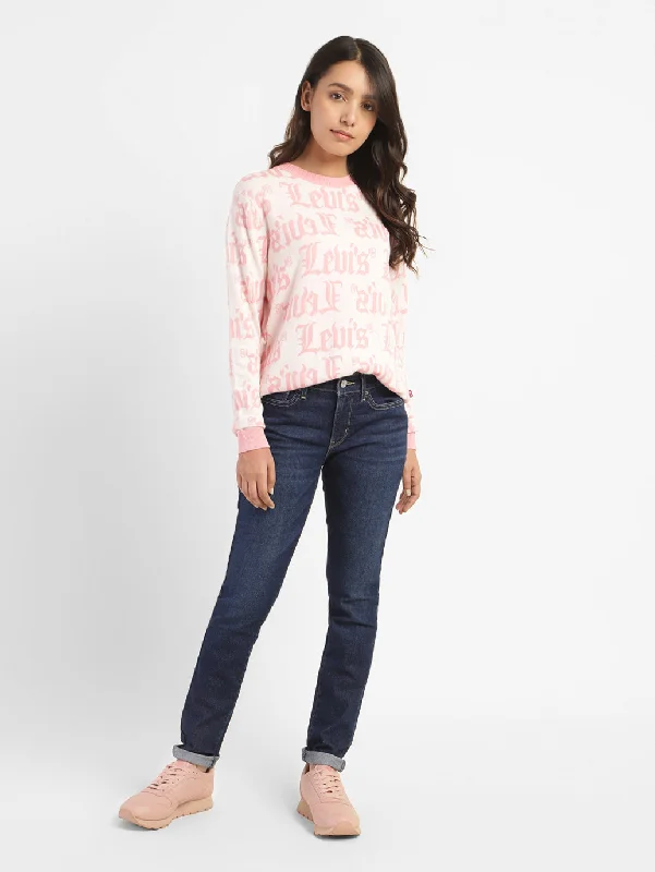 Women's Brand Logo Round Neck Sweatshirt Hoodie with Hem Ribbing Snug Secure