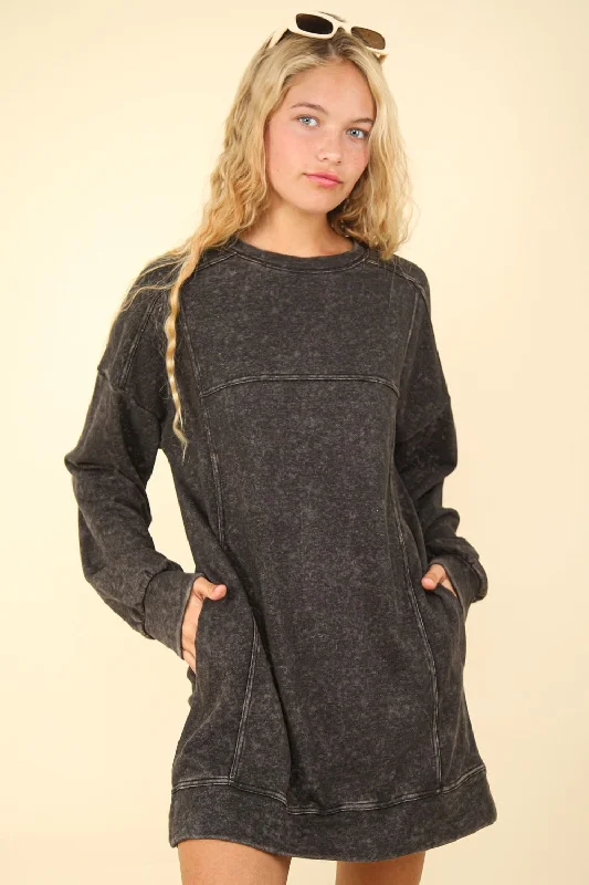 Black Mineral Washed Oversized Sweatshirt Mini Dress Hoodie with Stripes Bold Sporty