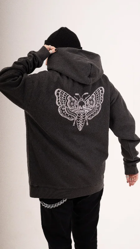 Zip Faded Death Moth Hoodie - Black Hoodie with Metallic Shiny Futuristic
