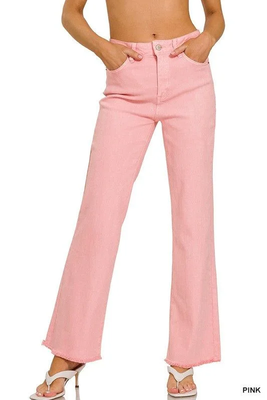 ZENANA Acid Washed Frayed Cutoff Hem Straight Wide Pants Elegant Wool Trousers