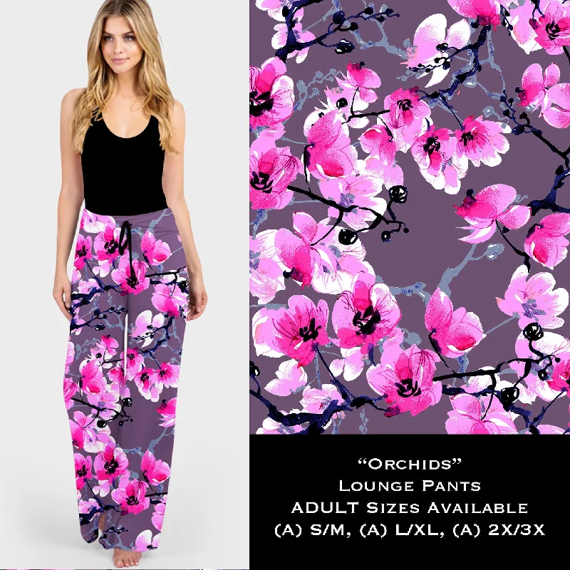 Purple & Pink Orchids Wide Leg Lounge Pants Comfy Cargo Trousers