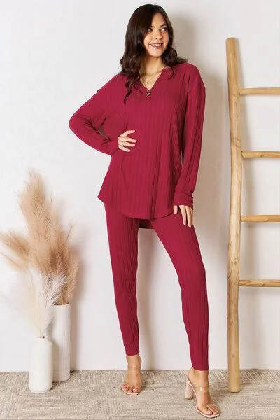 Basic Bae Notched Long Sleeve Top and Pants Set Fashionable Tapered Leg Pants